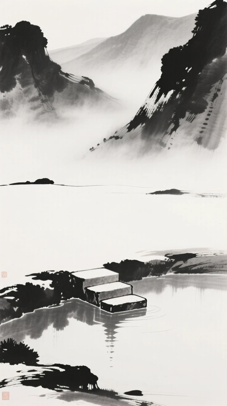 A single stone step leading into still water as mist slowly lifts from the valley, composed with vast open space to emphasize solitude, carrying a hushed, contemplative silence.