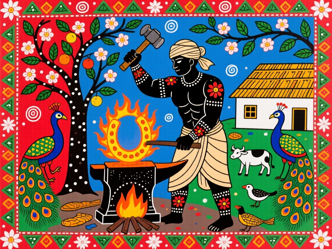 A blacksmith hammering a glowing horseshoe in a village forge.