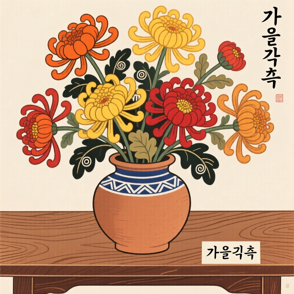 A still arrangement of chrysanthemums in autumn colors in a rustic clay vase on a wooden table.