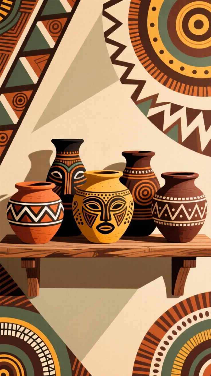 A set of clay pots arranged neatly on a wooden shelf.