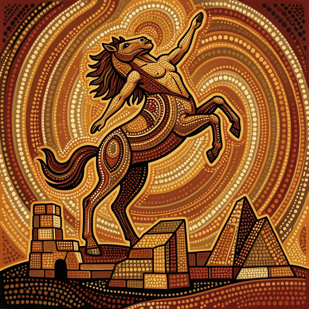 A centaur rising above ancient ruins