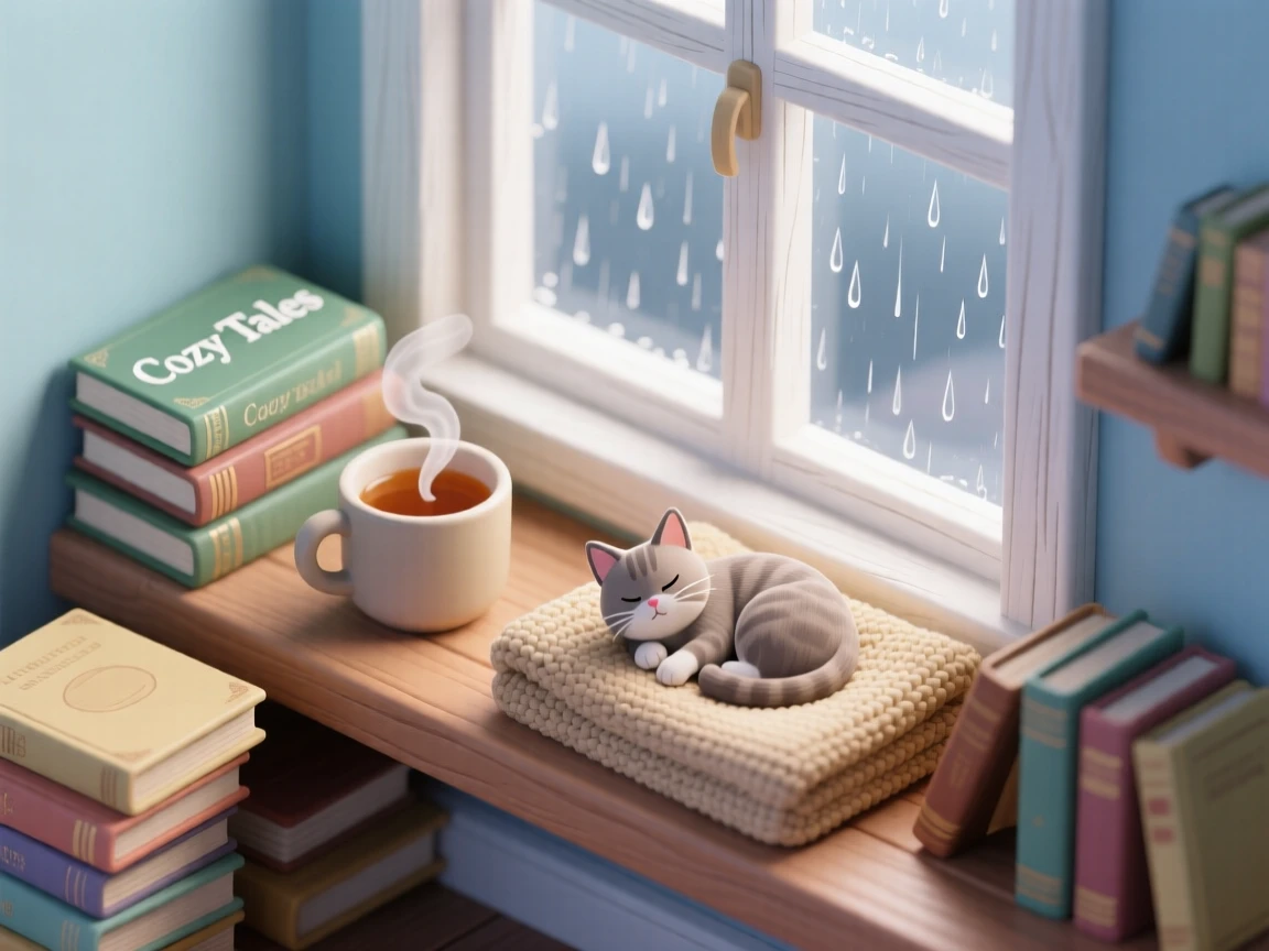 A reading nook by a rain-streaked window, a steaming mug of tea on the sill, a cat curled on a knitted blanket, and stacks of well-loved books nearby.