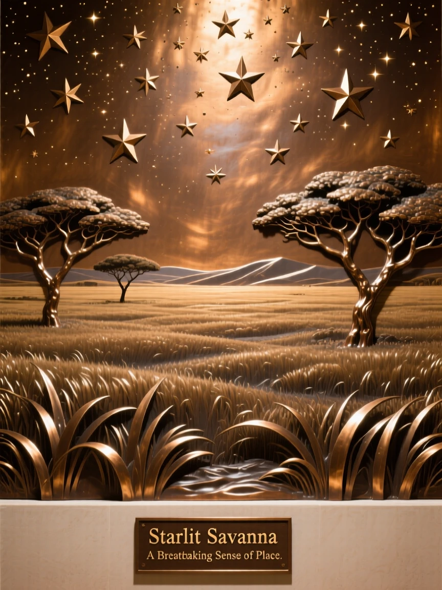 A starlit sky over a vast open savanna, with a striking sense of depth and distance, offering a breathtaking sense of place