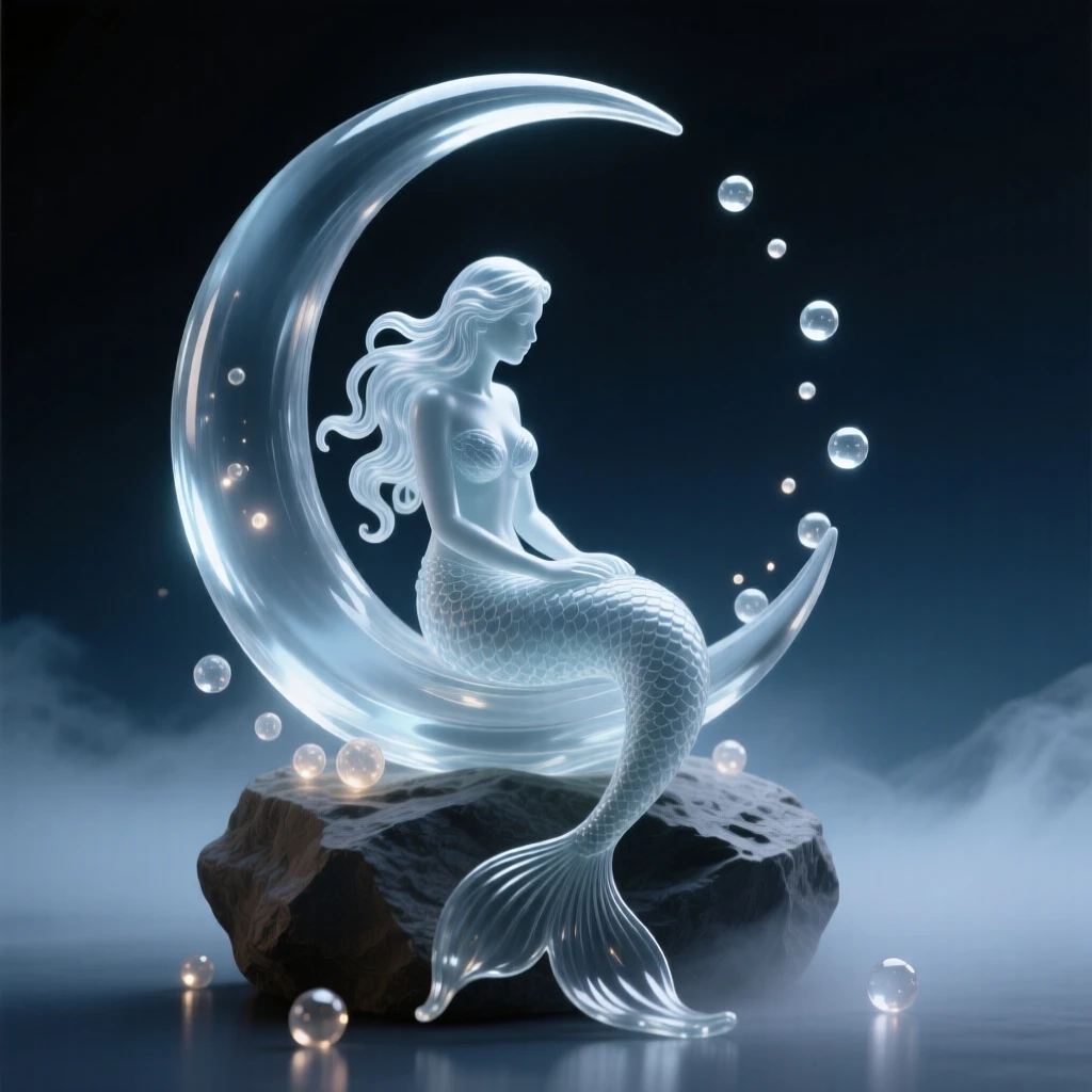 A mermaid sitting on a moonlit rock surrounded by softly glowing particles and gentle mist, wide cinematic composition, radiating magic and serenity.