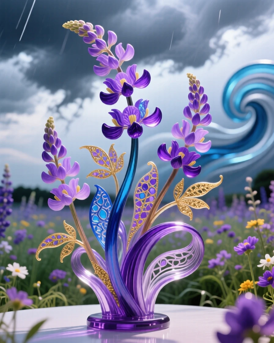 A field of wild lupines in every shade of purple beneath a clearing storm, vivid and dramatic.