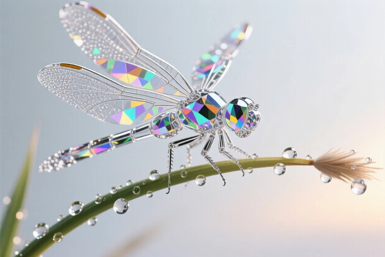 A dragonfly with iridescent wings resting on a dew-covered reed at sunrise.