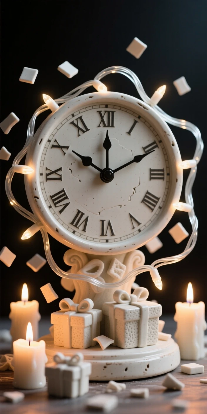 A New Year's clock striking midnight amid confetti framed by twinkling holiday lights, surrounded by warm candlelight, capturing the magic of a beloved seasonal moment.