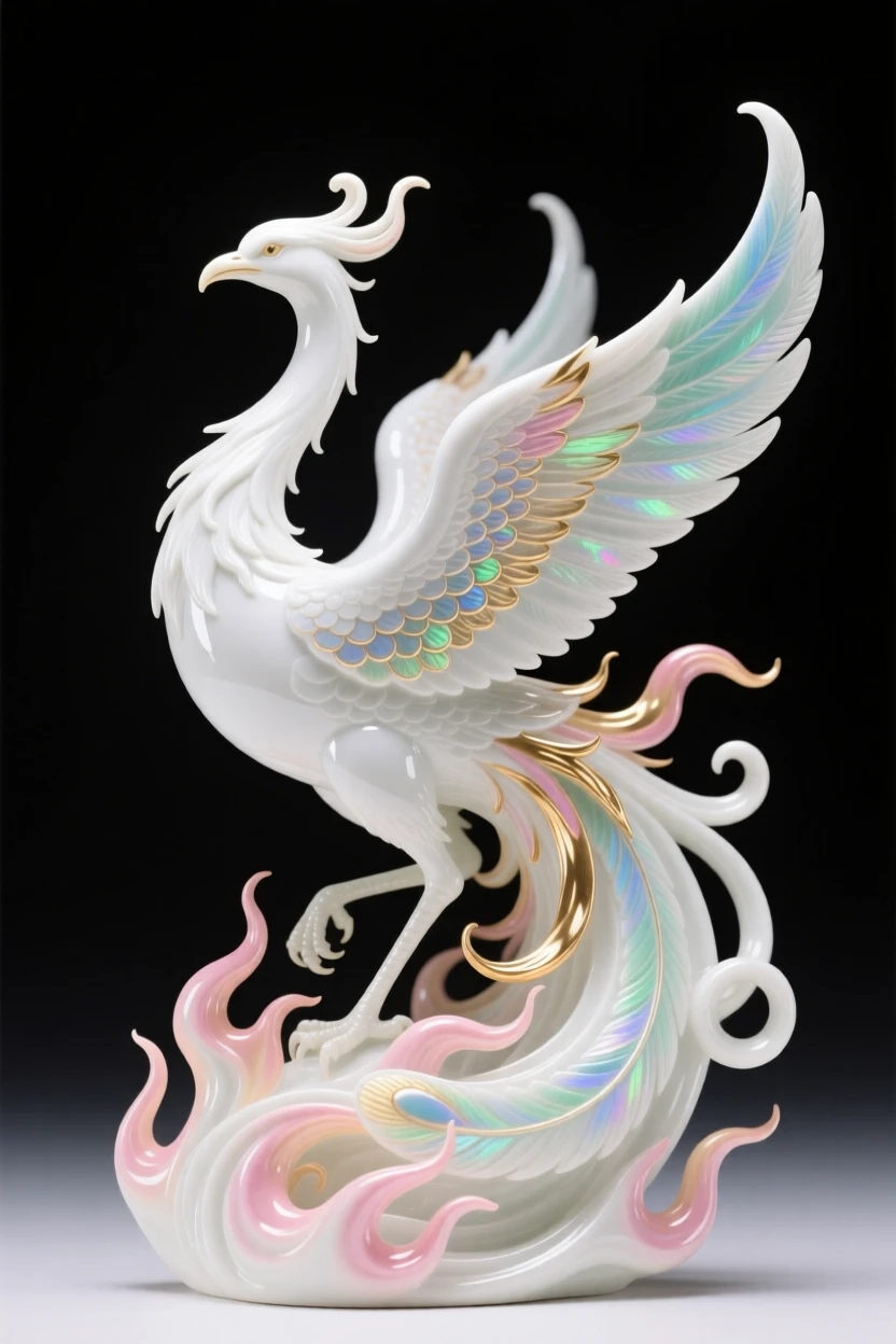 A majestic phoenix rising from a burst of flame and feathers, scales shimmering with iridescent color.