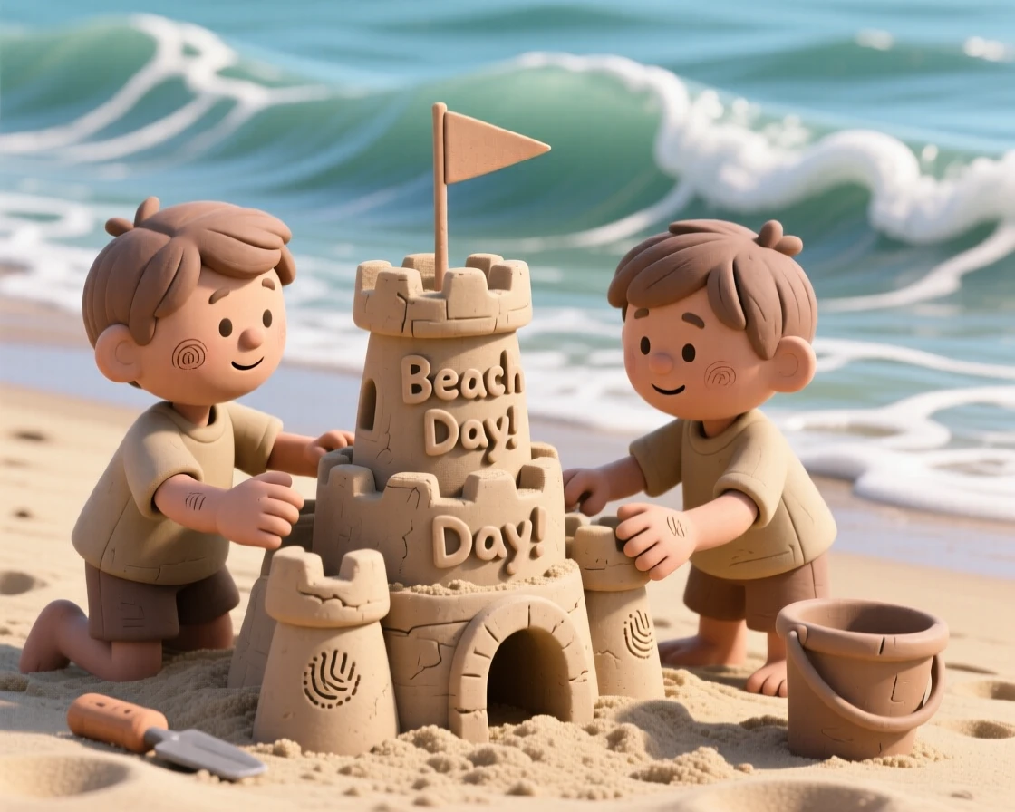 Two children building a sandcastle as the tide rolls in