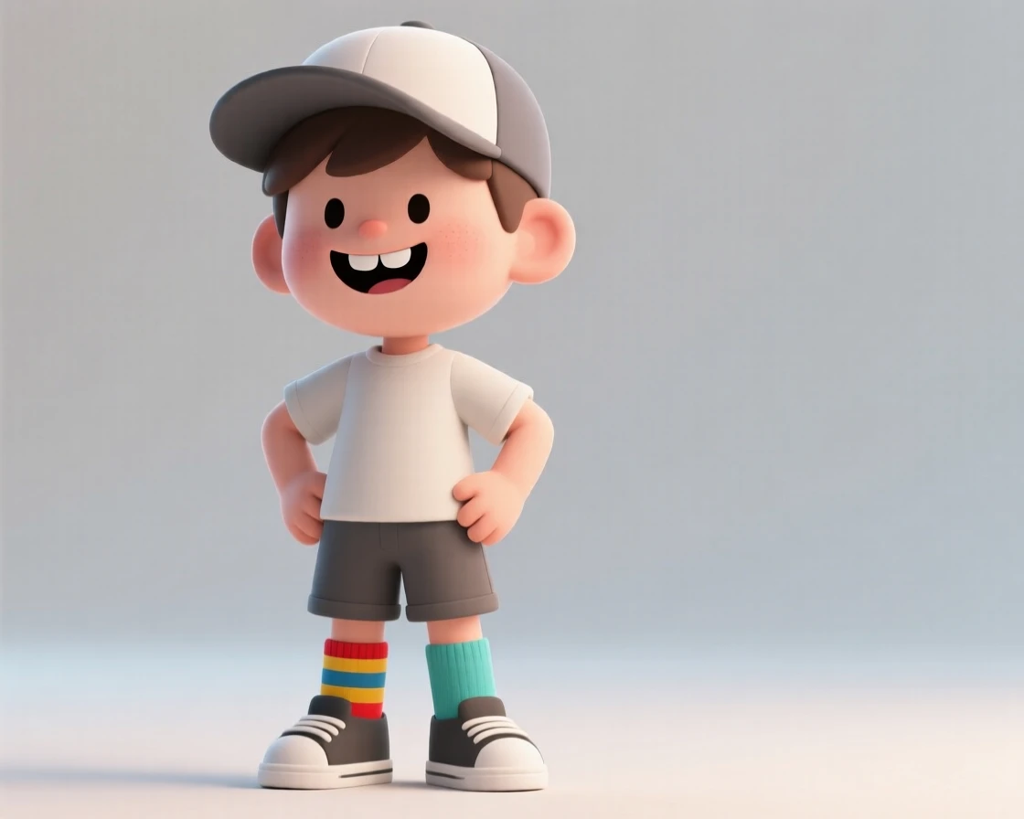 A little boy proudly wears mismatched socks and a backwards baseball cap, grinning with two missing front teeth.