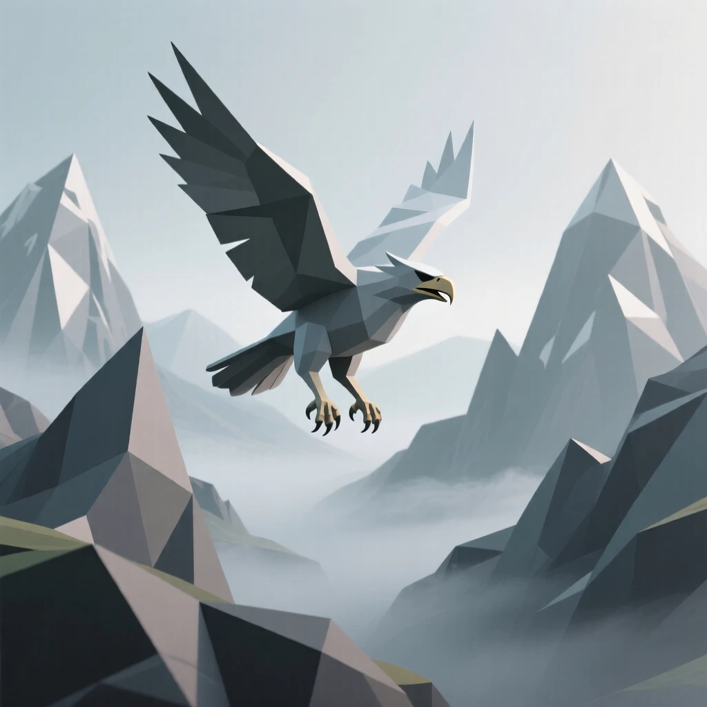 A griffin soaring above jagged mountain peaks, within a valley shrouded in enchanted mist. rich color contrasts add depth to the fantasy setting. The atmosphere is epic and awe-inspiring.