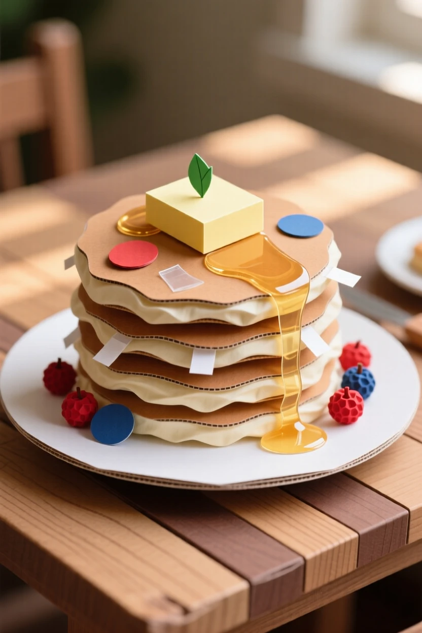 A stack of fluffy pancakes drizzled with golden syrup and topped with fresh berries and a pat of melting butter, morning light streaming across a rustic breakfast table, evoking cozy weekend mornings.
