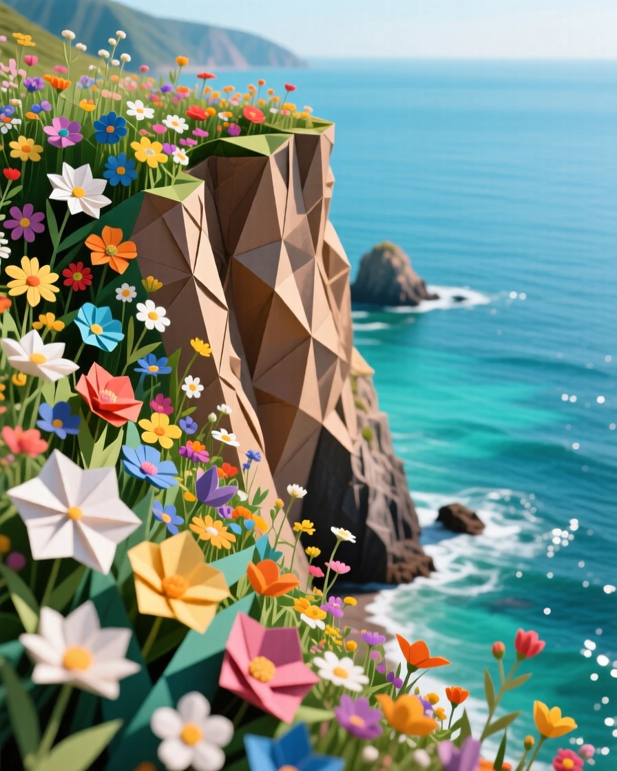 A coastal cliff covered in wildflowers overlooking a turquoise bay far below.