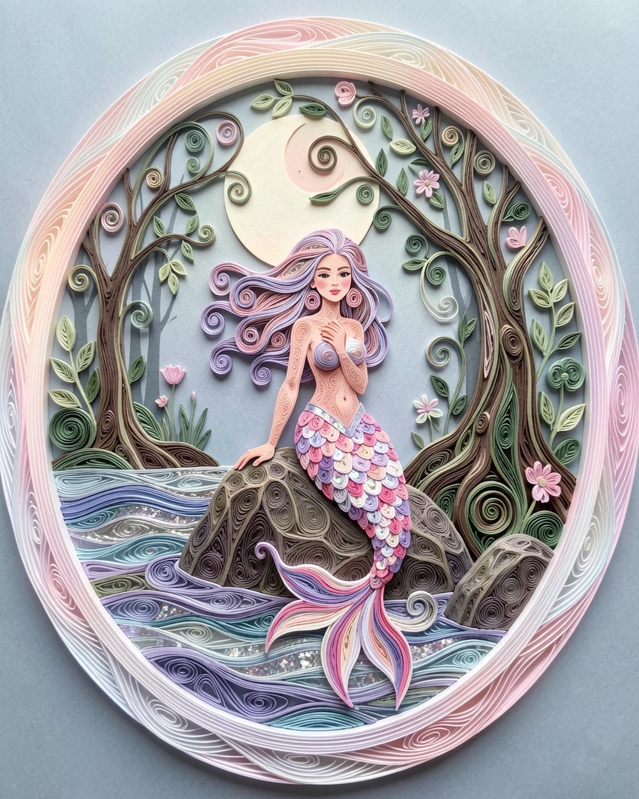 A magical fantasy scene of a mermaid perched on a rock beside a moonlit sea within an ancient enchanted forest, in dreamy pastel tones of lavender and rose, framed with a dreamlike glowing halo of light.