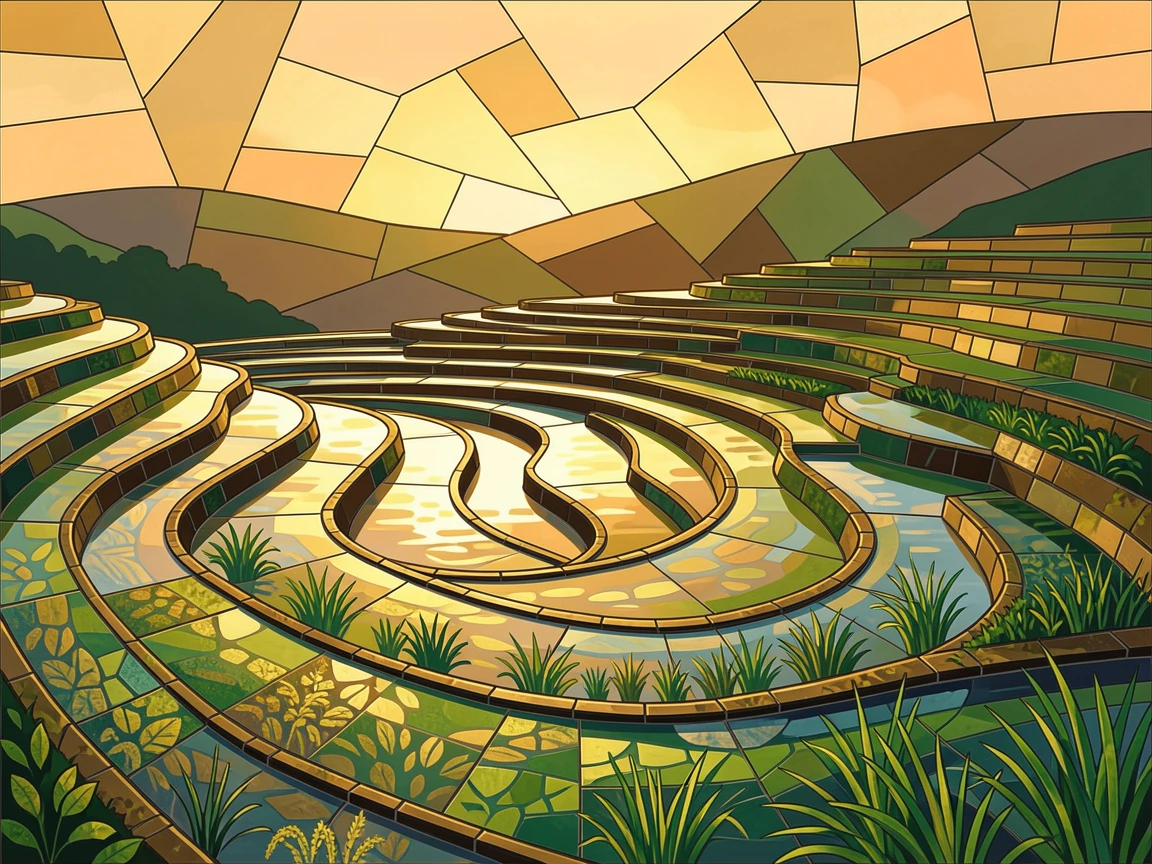 A traditional balinese rice terrace at golden hour, viewed from a dramatic elevated vantage point.
