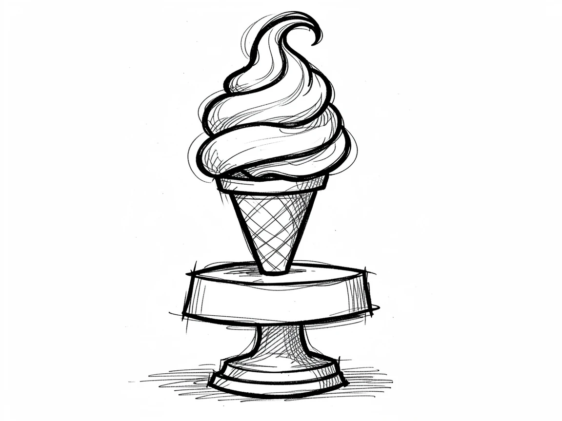 A cone of swirled soft-serve ice cream served on a tiered dessert stand.