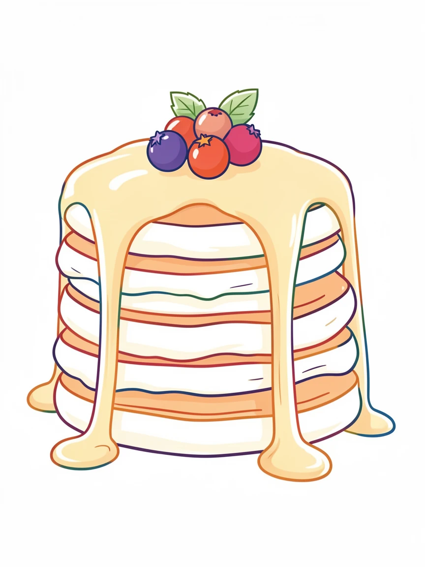 A stack of fluffy pancakes drizzled with syrup and topped with fresh berries.