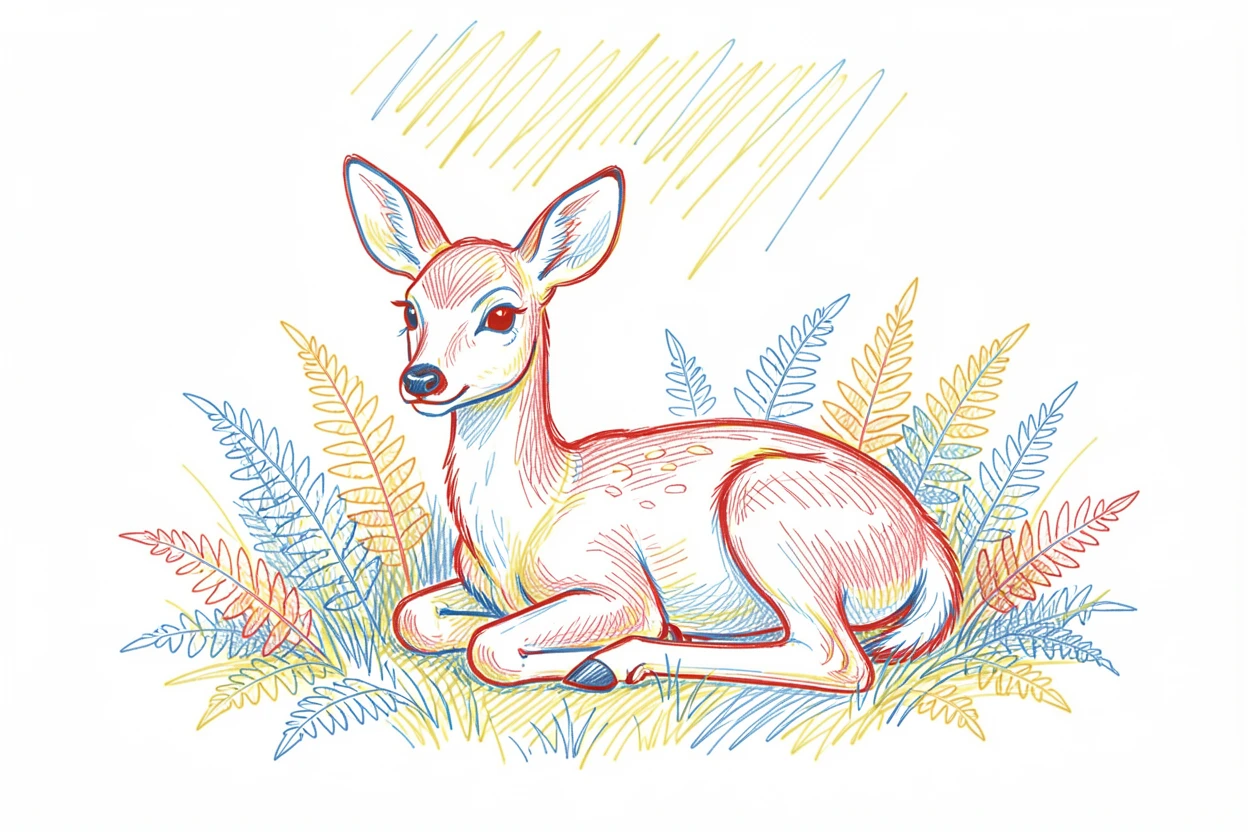 A young fawn resting quietly in a bed of ferns, dappled sunlight above