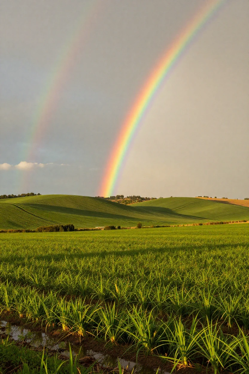A rainbow arching over rolling green farmland after rain
