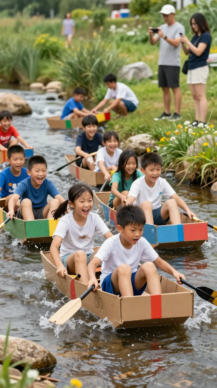 A group of kids race homemade cardboard boats down a shallow creek, cheering as they float.