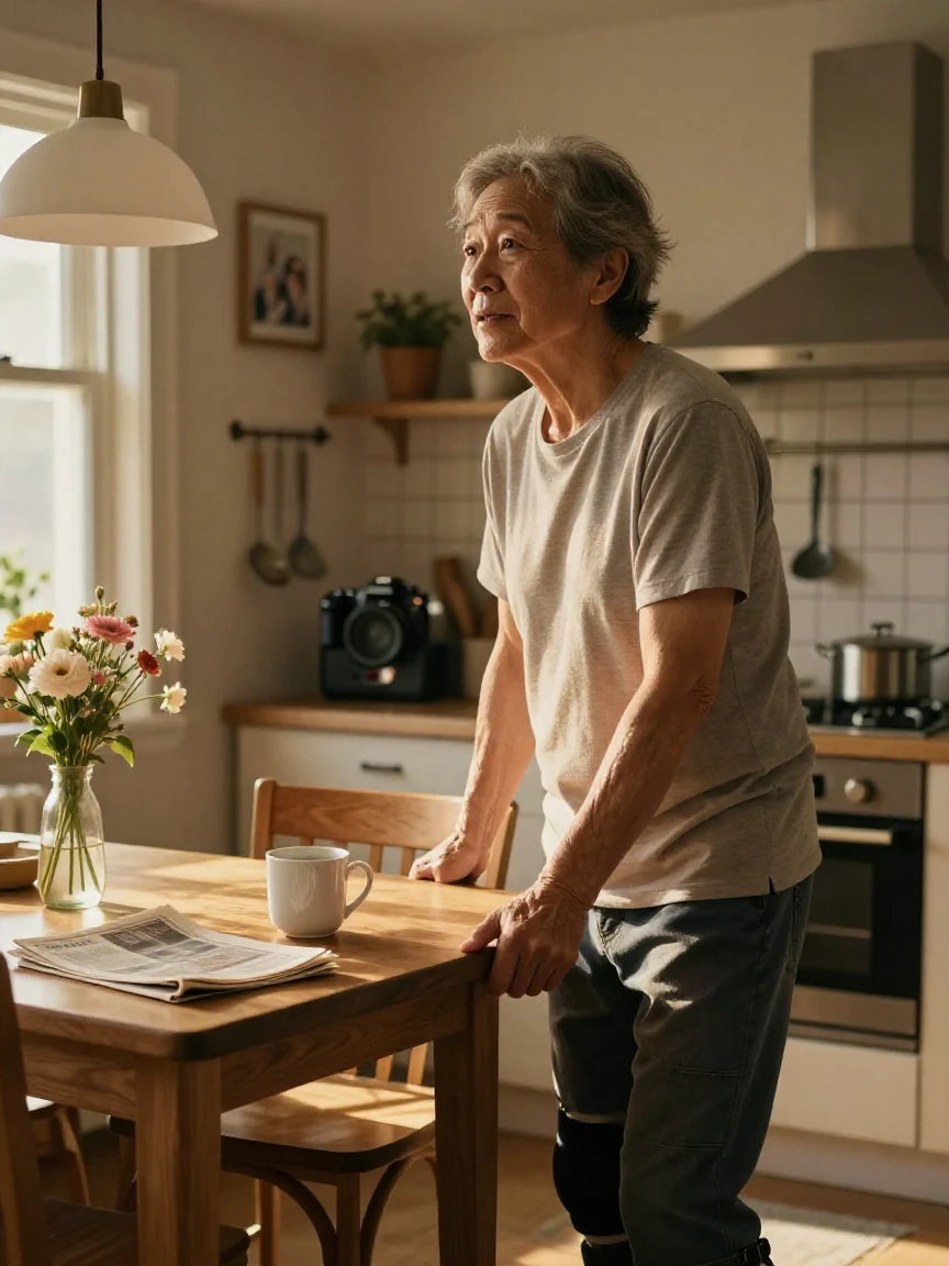 A grateful patient taking a first confident step forward at a small kitchen table