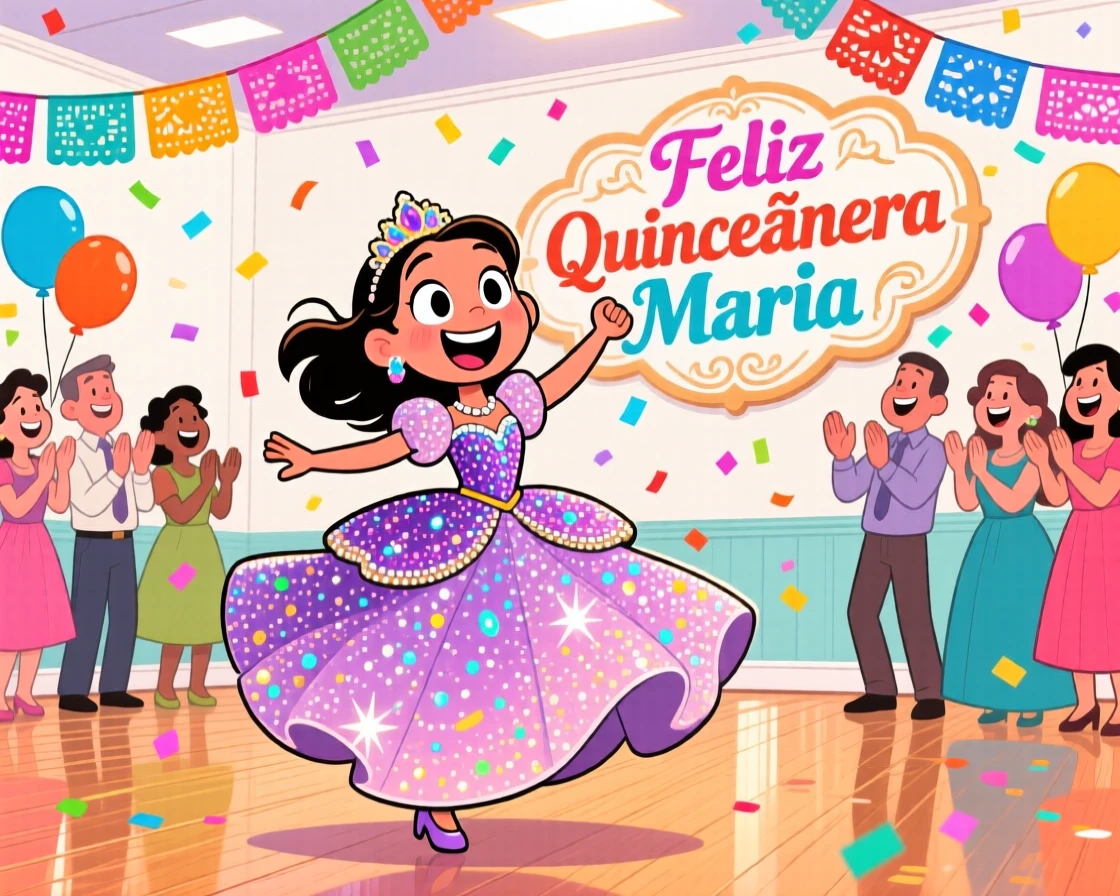 A festive celebration scene of a joyful quinceañera dance scene with a girl twirling in a sparkling ballgown.