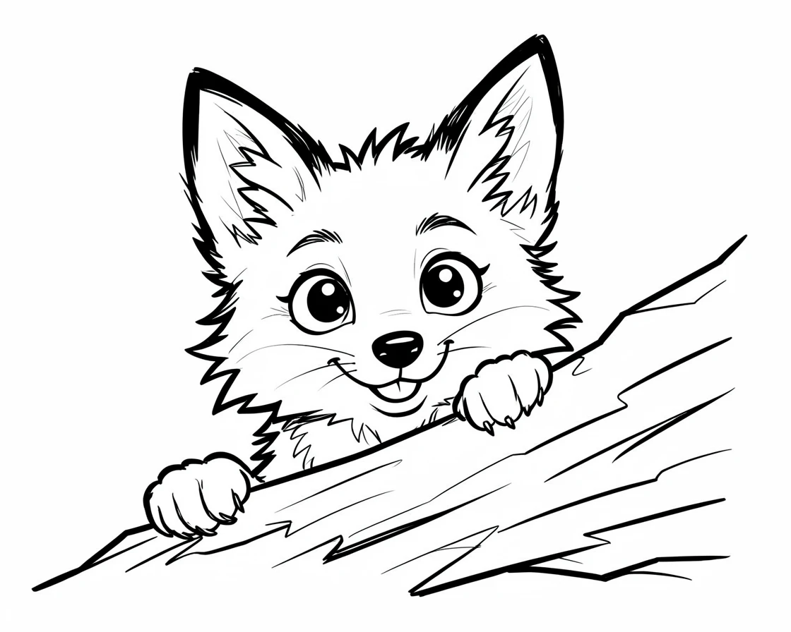 [Cute Animals & Pets] Adorable scene of a curious fox cub peeking out from behind a snowy log, bursting with charm and playful energy