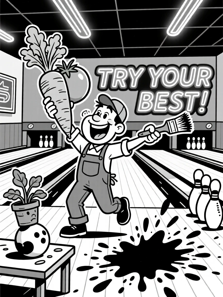 A gardener triumphantly holding a giant vegetable, flinging a paintbrush that splatters across the canvas, set at a retro bowling alley with neon lights. A wobbly potted plant nearly topples over. It's a joyful celebration of trying your best, wins and all.