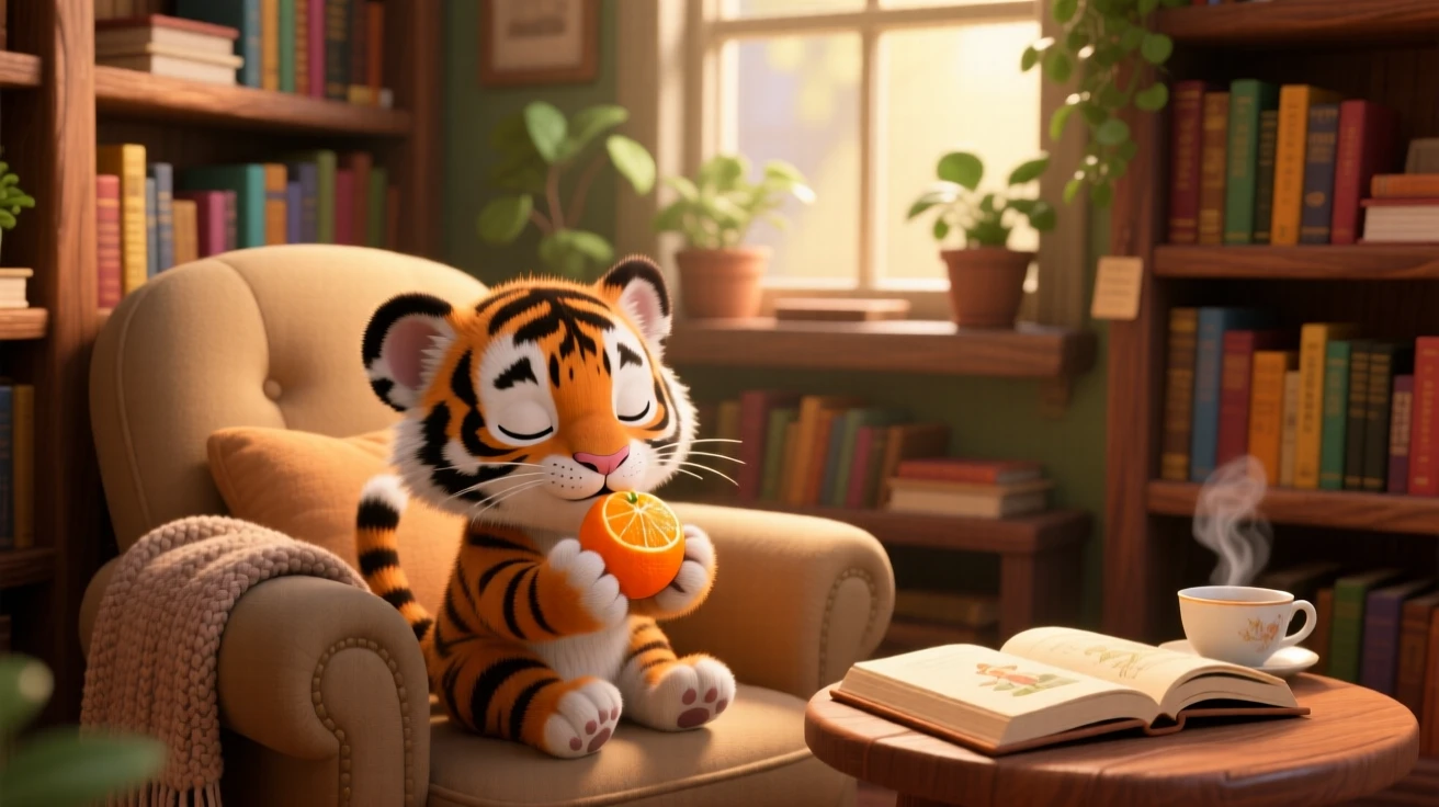 A stripy baby tiger cub is exploring a cozy bookshop nook, nibbling on a piece of fruit. A gentle, sleepy calm fills the moment, with soft light catching its fur.