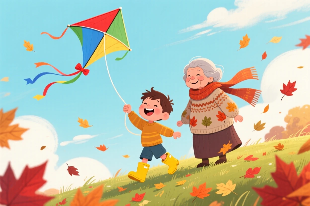 A boy in rain boots laughs while flying a kite on a breezy hilltop together with her grandmother, as autumn leaves swirl around them.