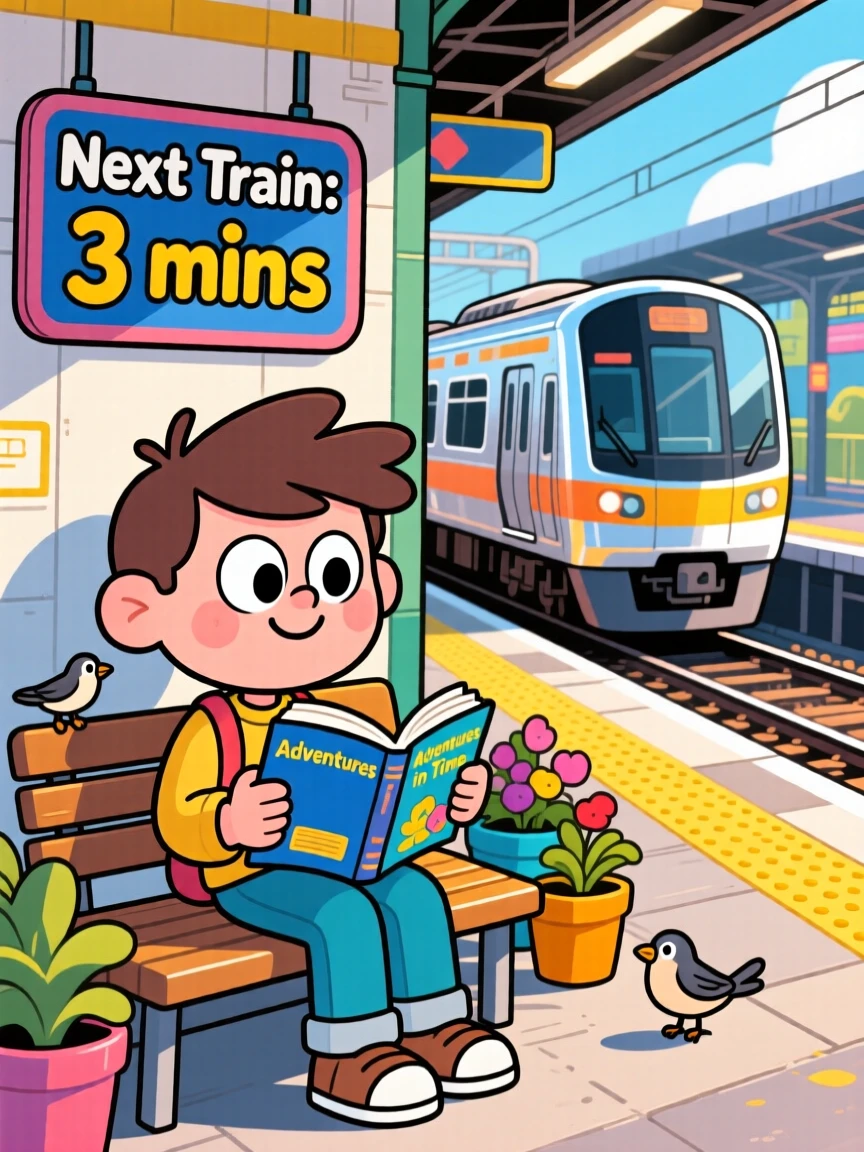 A commuter reading a book while waiting for a train.