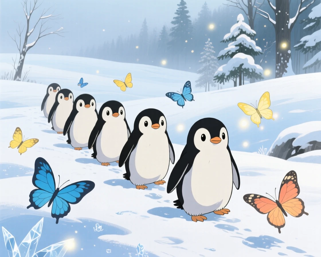 A group of penguins waddling across snow, as butterflies flutter past, radiating pure charm.