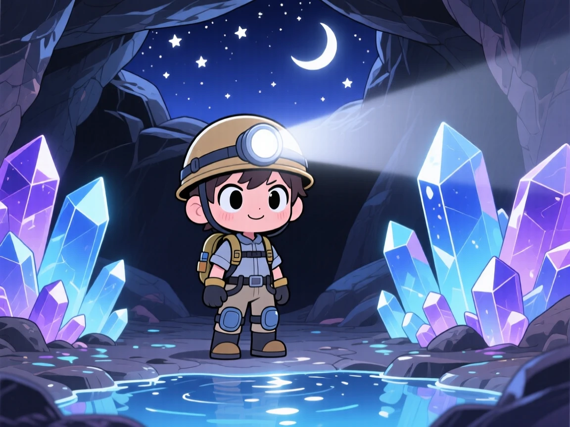 Symmetrical front-on view of a spelunker with a headlamp, discovering glowing crystals in a cavern, in an underground crystal cave, under a starry midsummer night sky, illuminated by shimmering reflected light off water, radiating brave confidence.