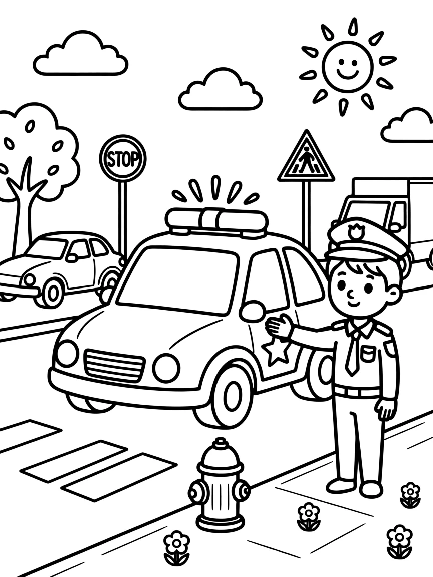 A police car with lights on helping direct traffic