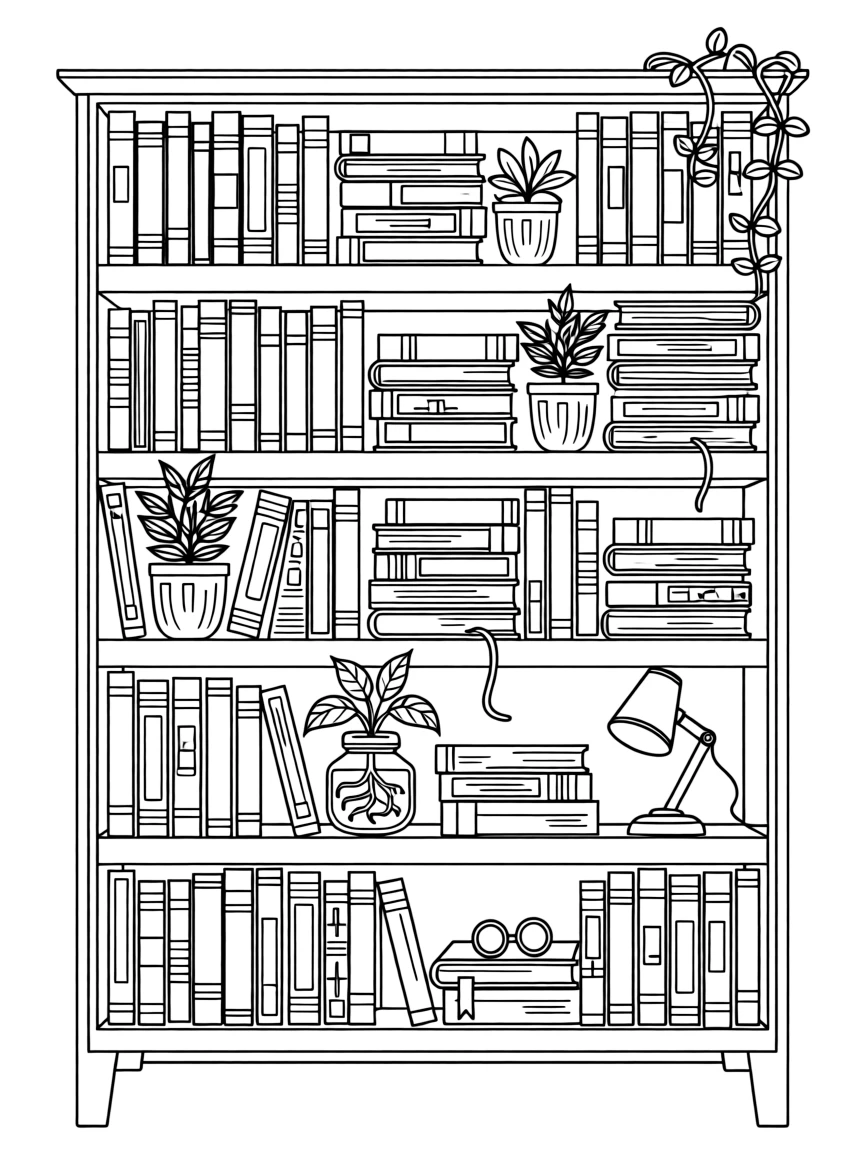 A bookshelf stacked with novels and small potted plants, with delicate roots visible through the glass.