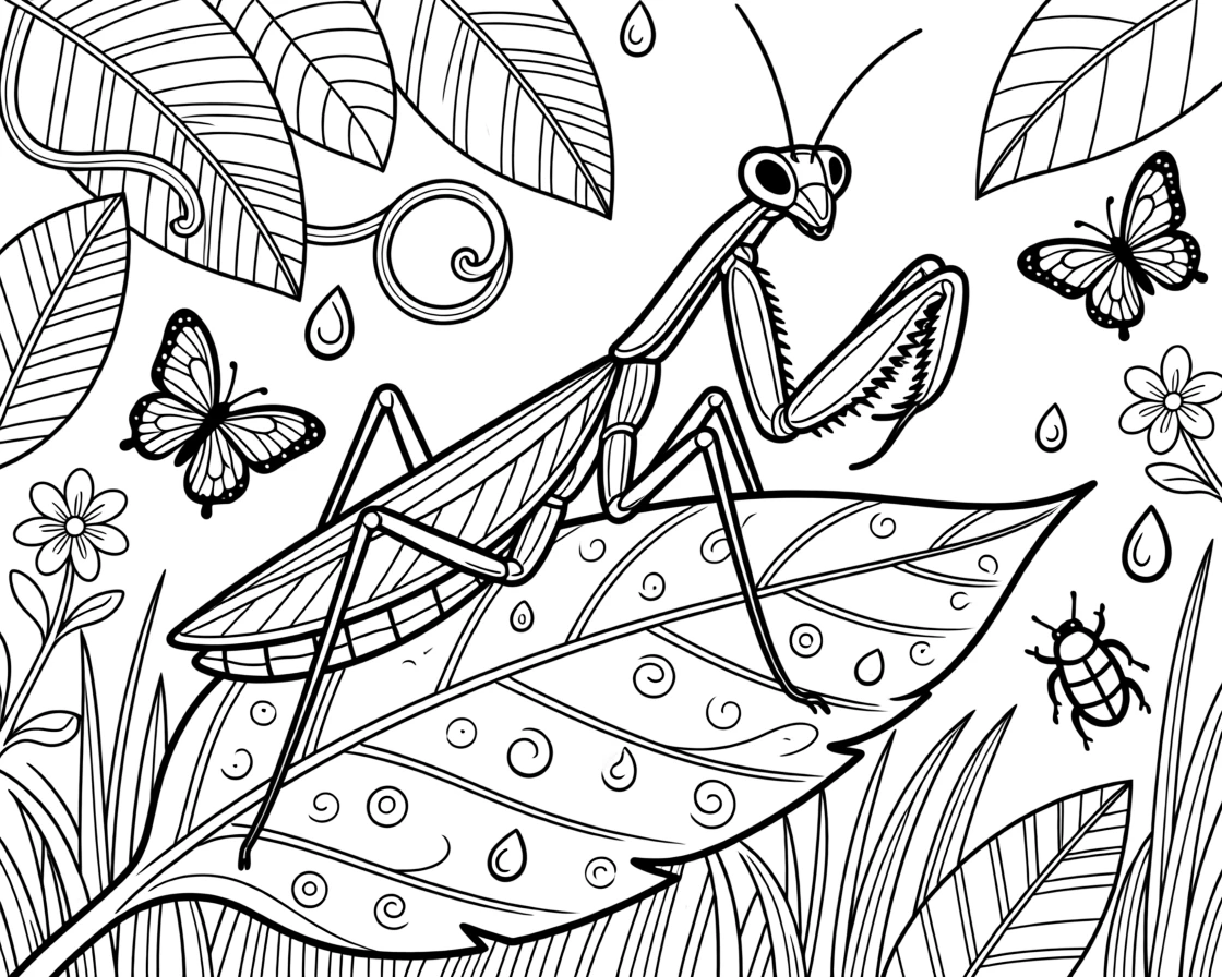 A praying mantis perched on a leaf, front legs folded.