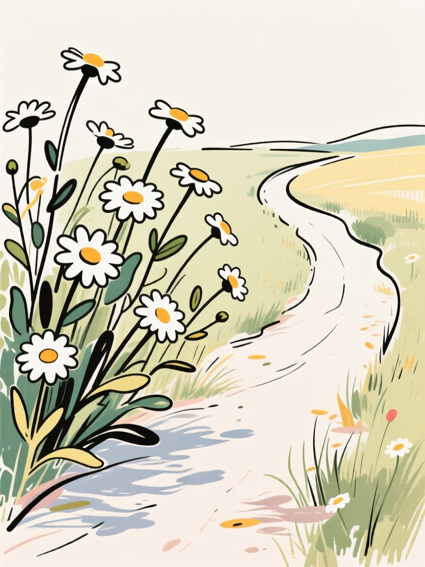 A cluster of wild daisies growing along a sunlit country path.