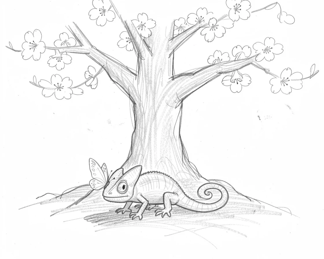 A heartwarming scene of a tiny chameleon resting beneath a blooming cherry tree, with a butterfly resting on its nose.