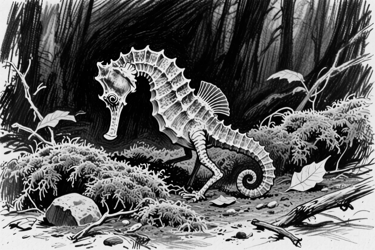 A seahorse exploring a moss-covered forest floor.