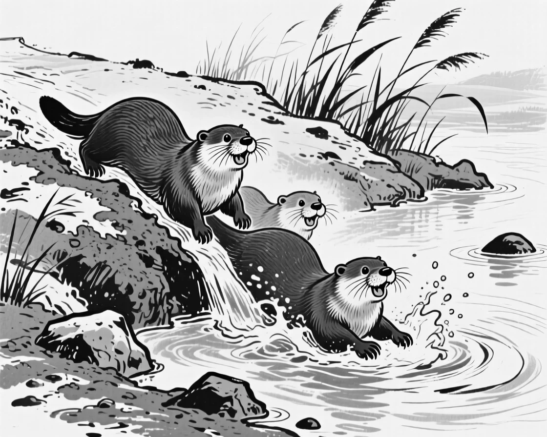 A family of otters sliding down a muddy riverbank into the water.