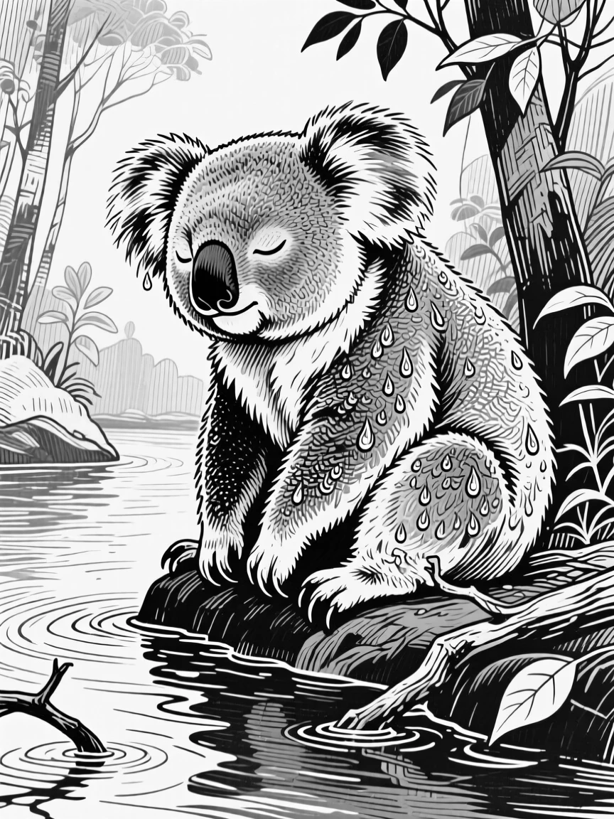 A sleepy koala beside a calm woodland stream, with droplets of water clinging to its coat, capturing a calm and dignified moment in nature with a strong, centered focal point.