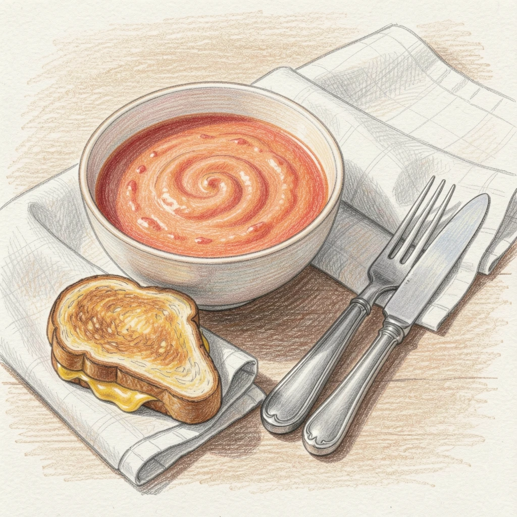 A bowl of creamy tomato soup with a grilled cheese sandwich, with a linen napkin and vintage cutlery nearby, capturing a quiet, satisfying morning ritual.