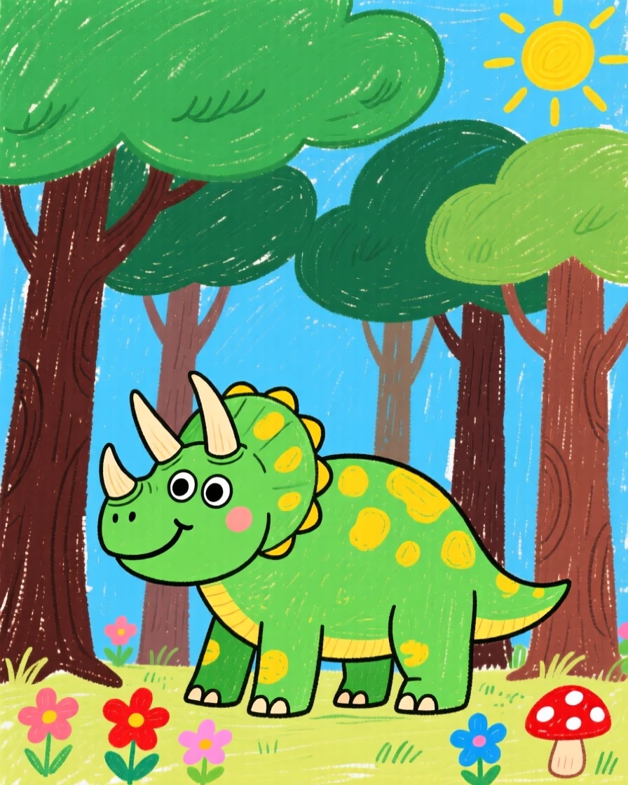 A friendly triceratops with three curved horns under a canopy of ancient towering trees.