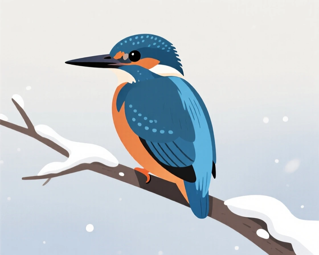 A curious kingfisher perched on a snow-dusted branch, staring directly at the viewer.