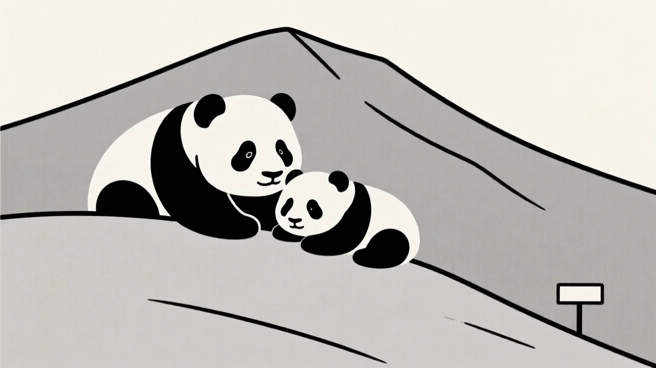 A panda cub and its young resting peacefully together in a mountain hillside, expressing wild freedom.