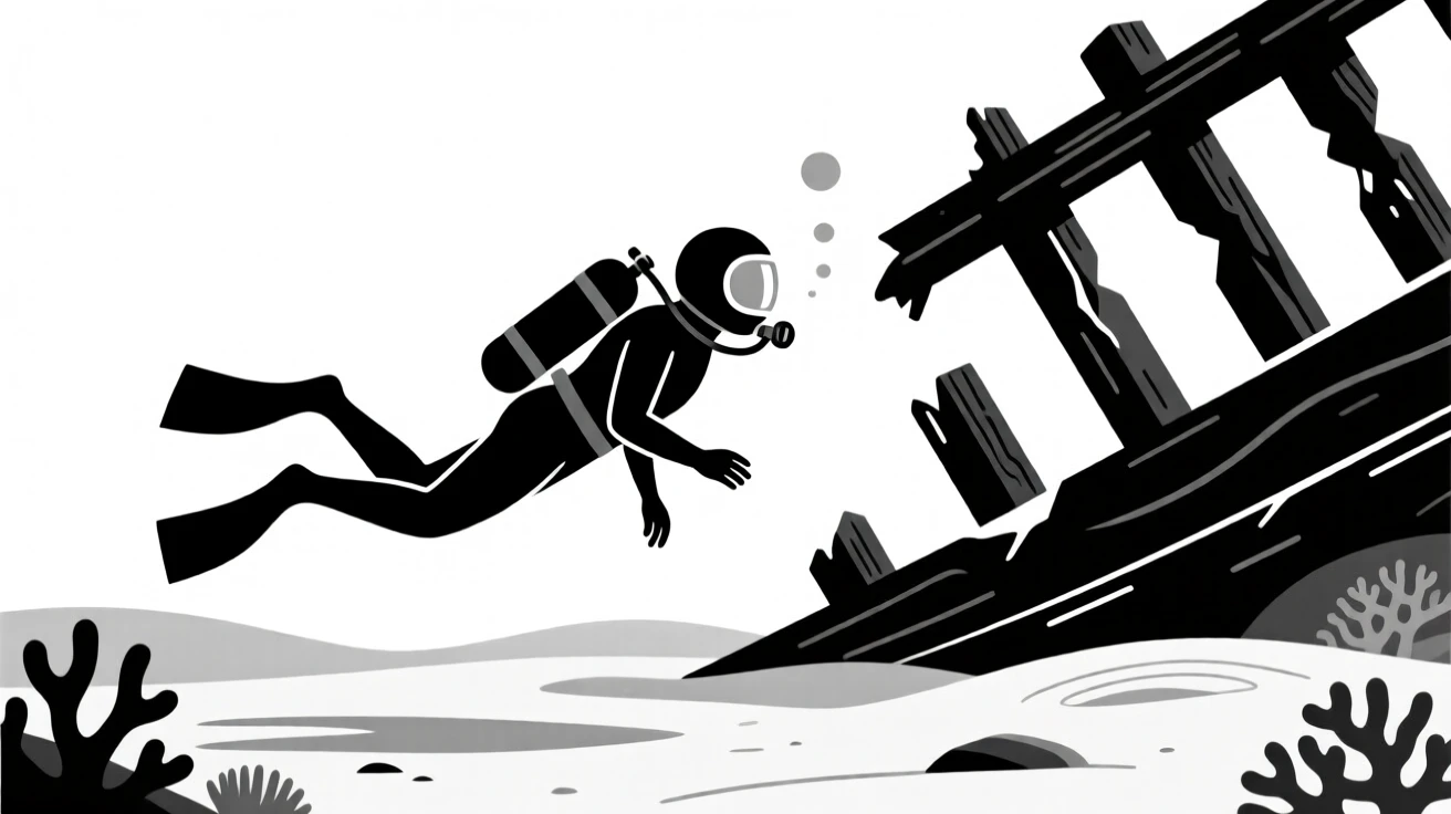 A diver exploring a shipwreck.