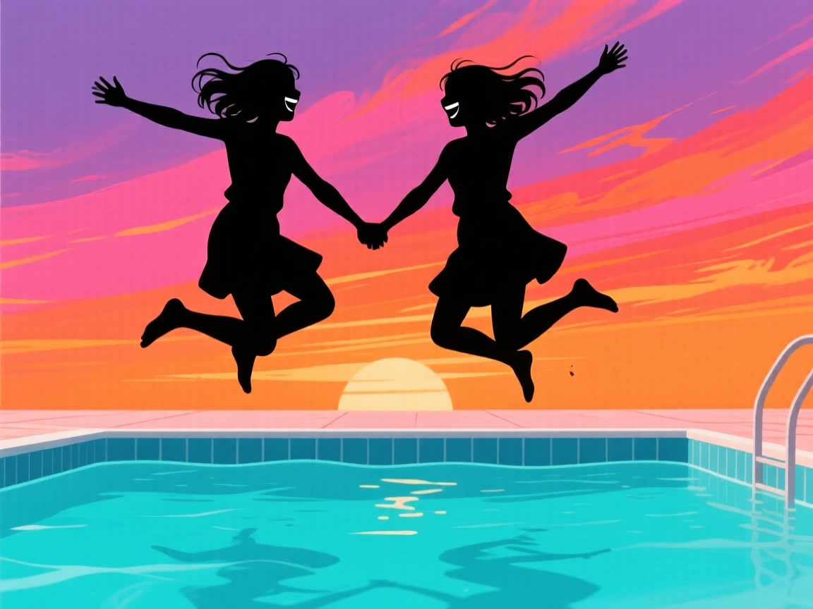 Two sisters leaping hand in hand into a swimming pool, mid-air and mid-laugh.