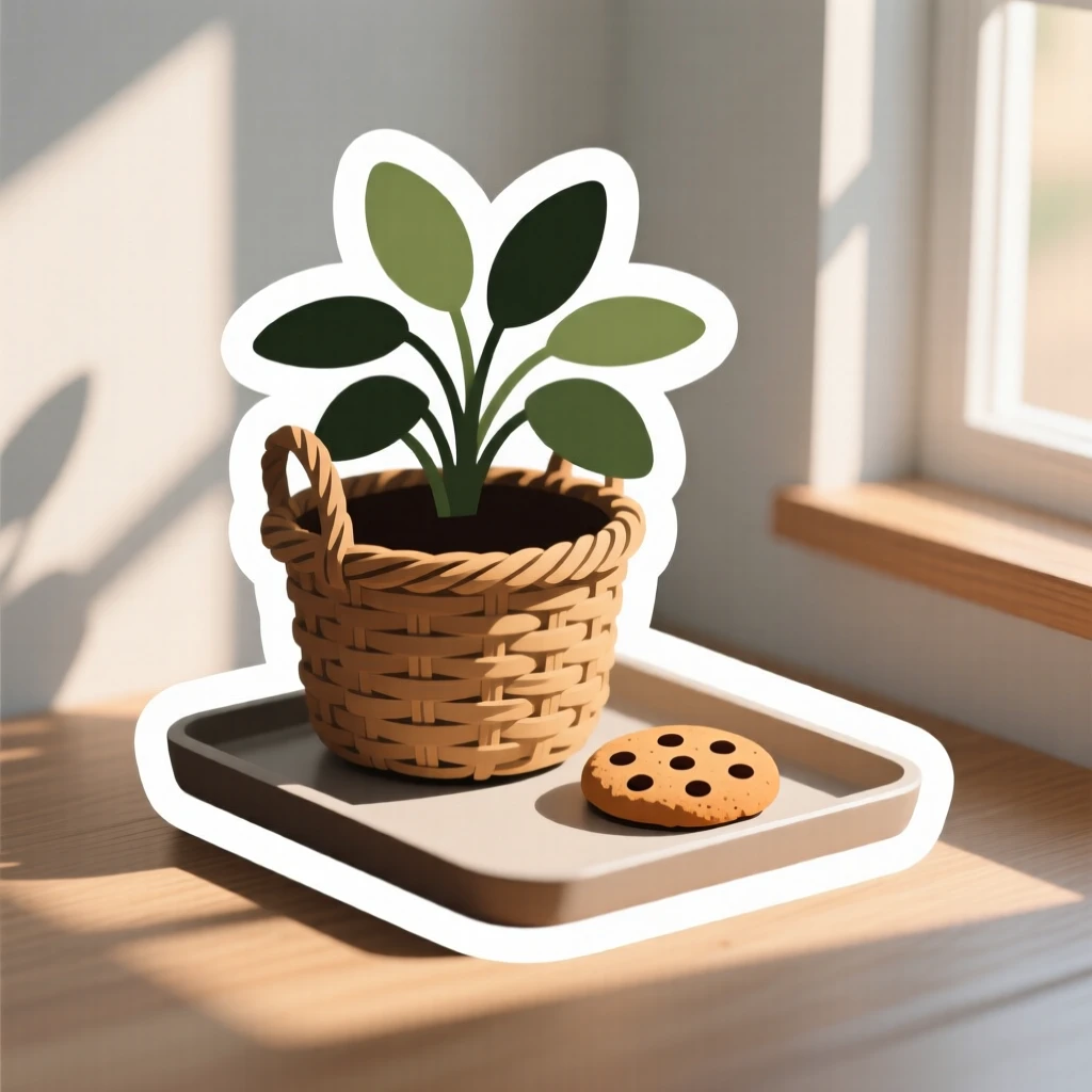 A softly lit houseplant in a woven basket, set on a tray with a single cookie, in a sunlit reading corner.
