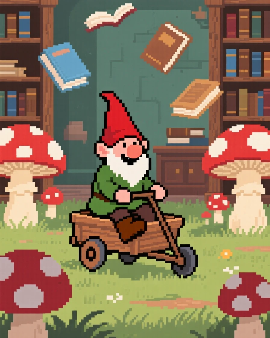 A mischievous gnome riding through a field of giant mushrooms, in a library filled with floating books.