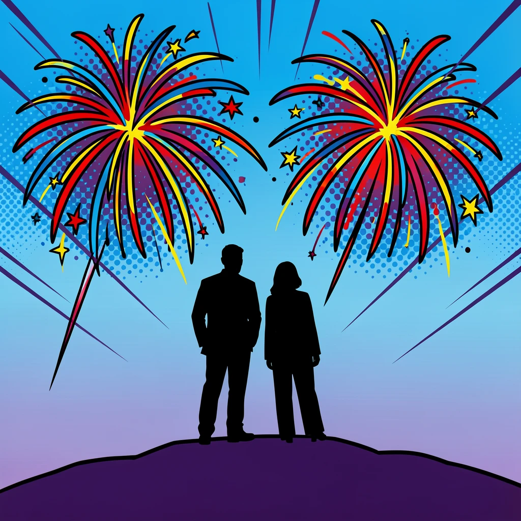 A silhouette of a couple watching fireworks from a hilltop